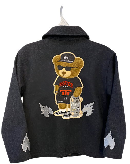 TH4L Kids Exclusive Boys Gray Wool Pea Coat – Skater Bear Design (Size 6/7)