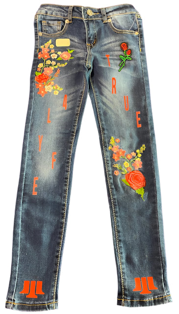 TH4L Kids Dark Wash Playground Jeans – Floral Accent Patches (Size 7)