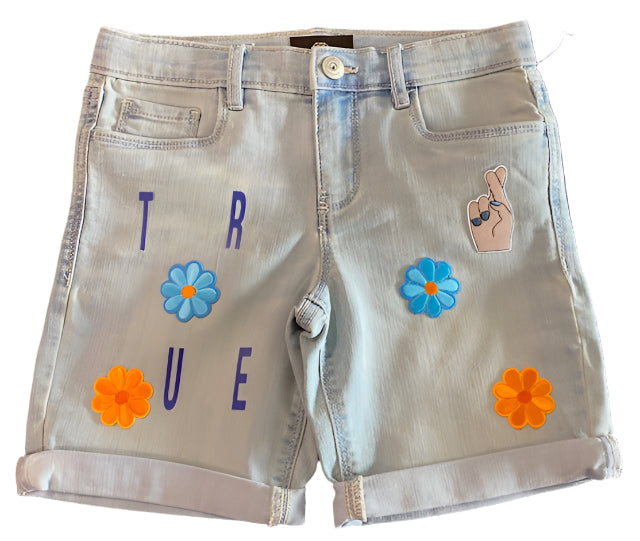 TH4L Kids Custom Girls Upcycled Light Wash Jean Shorts – Size 7 | Floral & Logo Design