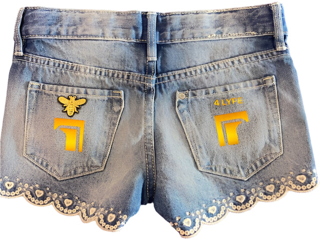 TH4L Kids Dark Wash Embroidered Jean Shorts – Size 6/7 | 100% Cotton with Custom Trim & Floral Design
