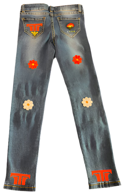 TH4L Kids Dark Wash Playground Jeans – Floral Accent Patches (Size 7)