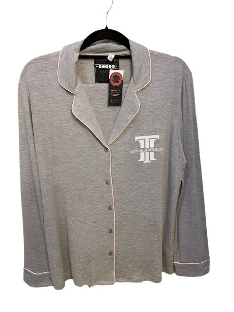 True Hustler 4 Lyfe Luxury 2-Piece Pajama Set – Soft Grey with Pink Piping