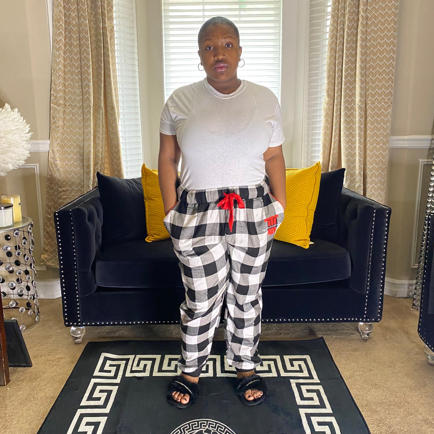 Women's 1X Black and White Checkered Luxury Pajama Pants with Red Accent Bow and Logo | Premium Quality