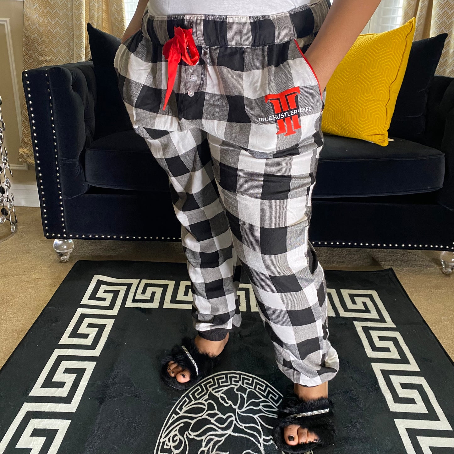 Women's 1X Black and White Checkered Luxury Pajama Pants with Red Accent Bow and Logo | Premium Quality