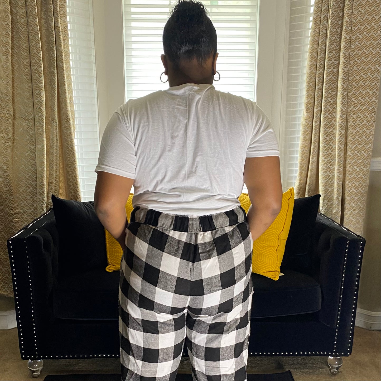 Women's 1X Black and White Checkered Luxury Pajama Pants with Red Accent Bow and Logo | Premium Quality