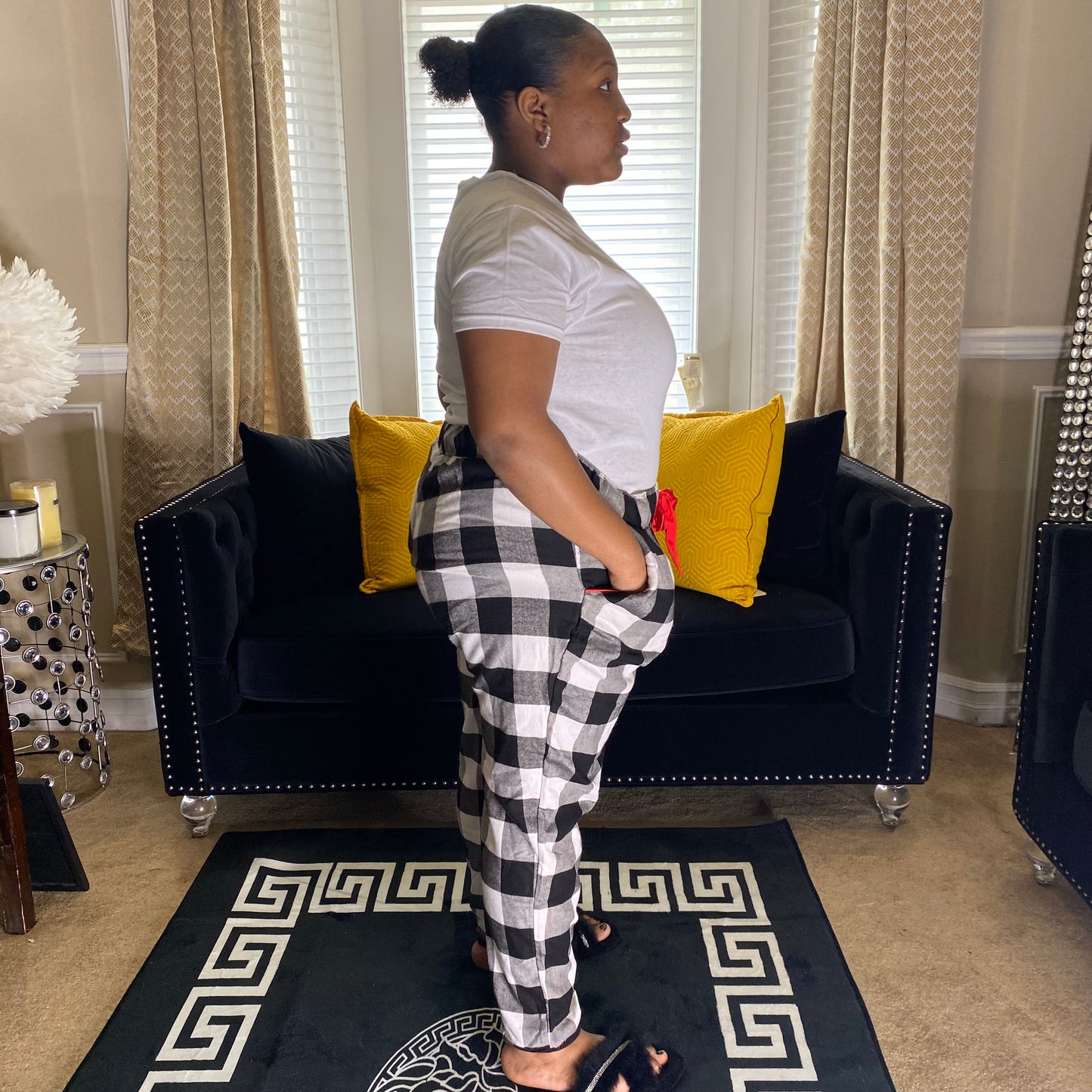 Women's 1X Black and White Checkered Luxury Pajama Pants with Red Accent Bow and Logo | Premium Quality