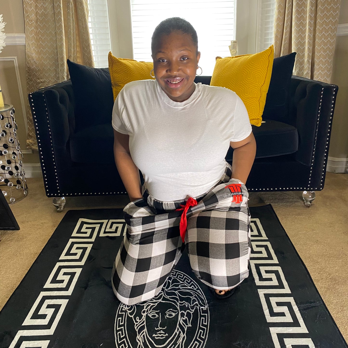 Women's 1X Black and White Checkered Luxury Pajama Pants with Red Accent Bow and Logo | Premium Quality