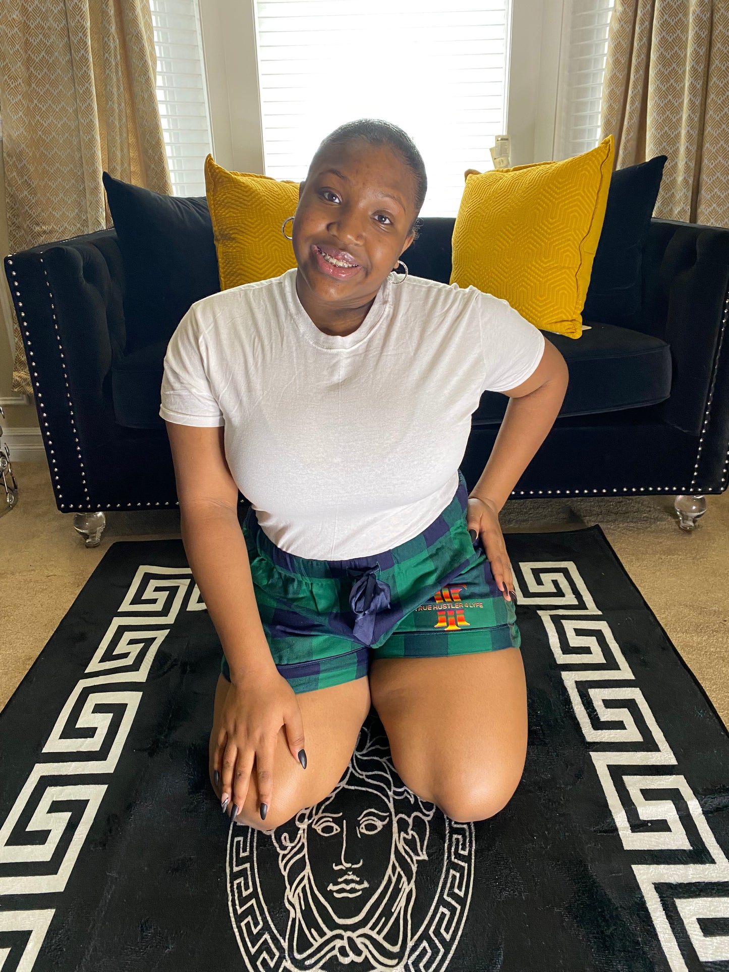 Women's XXL Blue and Green Checkered Luxury Pajama Shorts with Rainbow Logo | Premium Quality