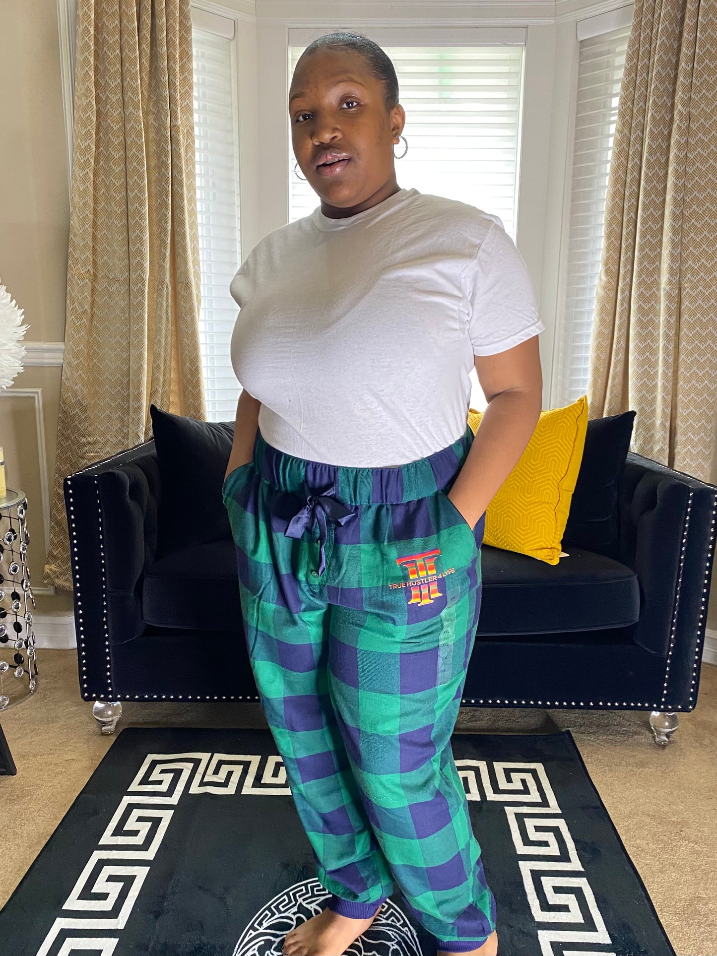 Women's XXL Blue and Green Checkered Luxury Pajama Pants with Rainbow Logo | Premium Quality