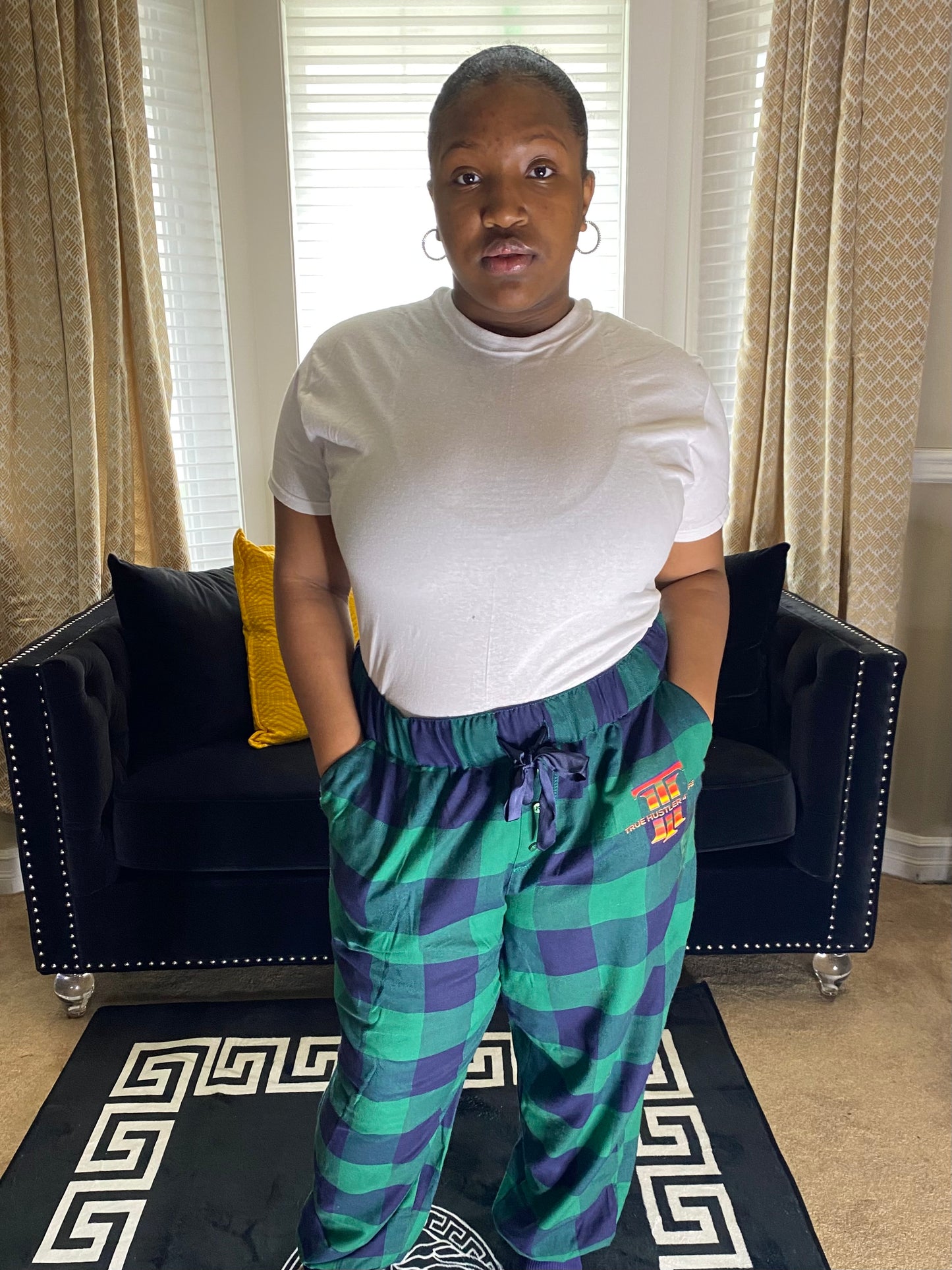 Women's XXL Blue and Green Checkered Luxury Pajama Pants with Rainbow Logo | Premium Quality