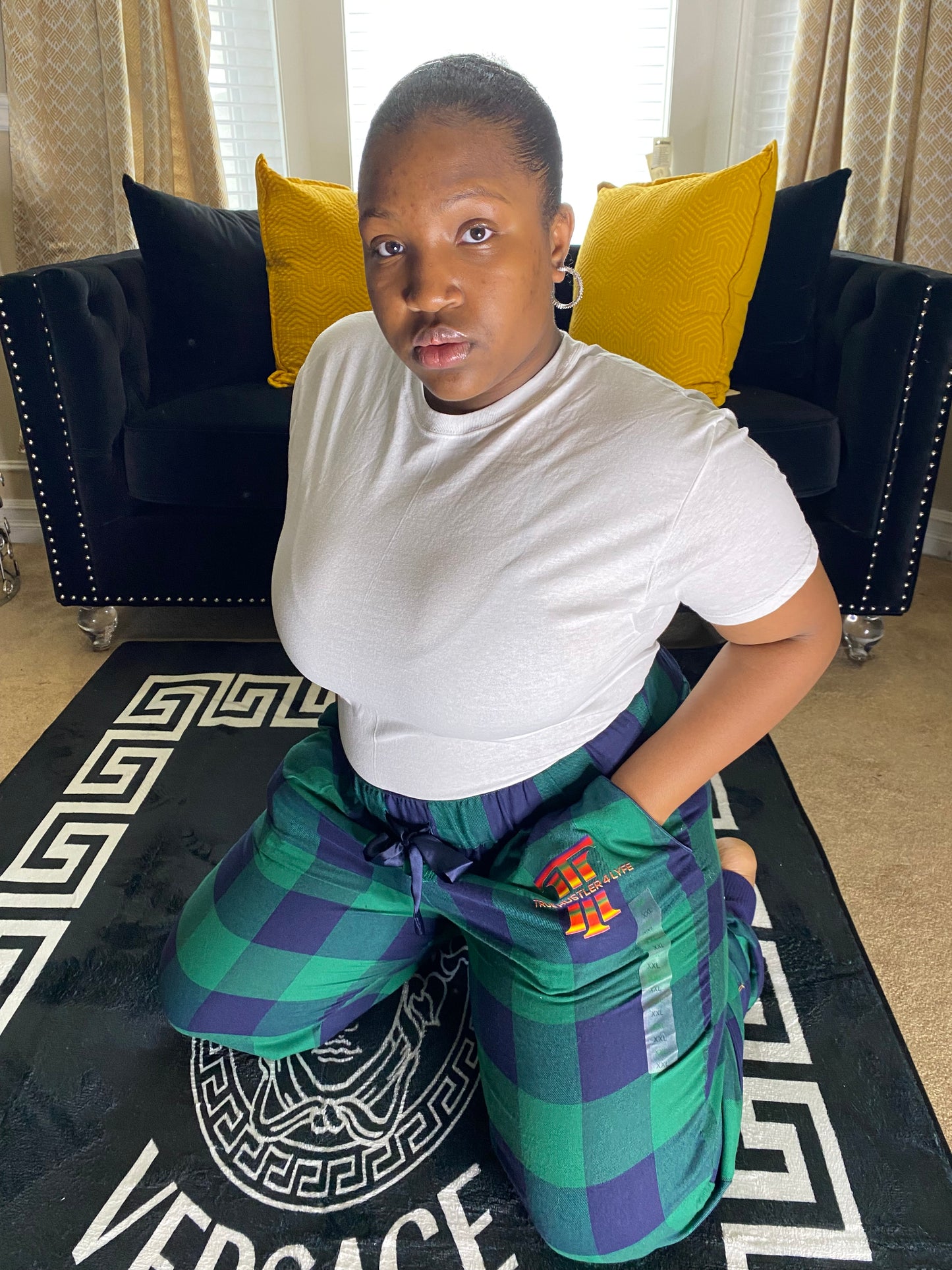 Women's XXL Blue and Green Checkered Luxury Pajama Pants with Rainbow Logo | Premium Quality