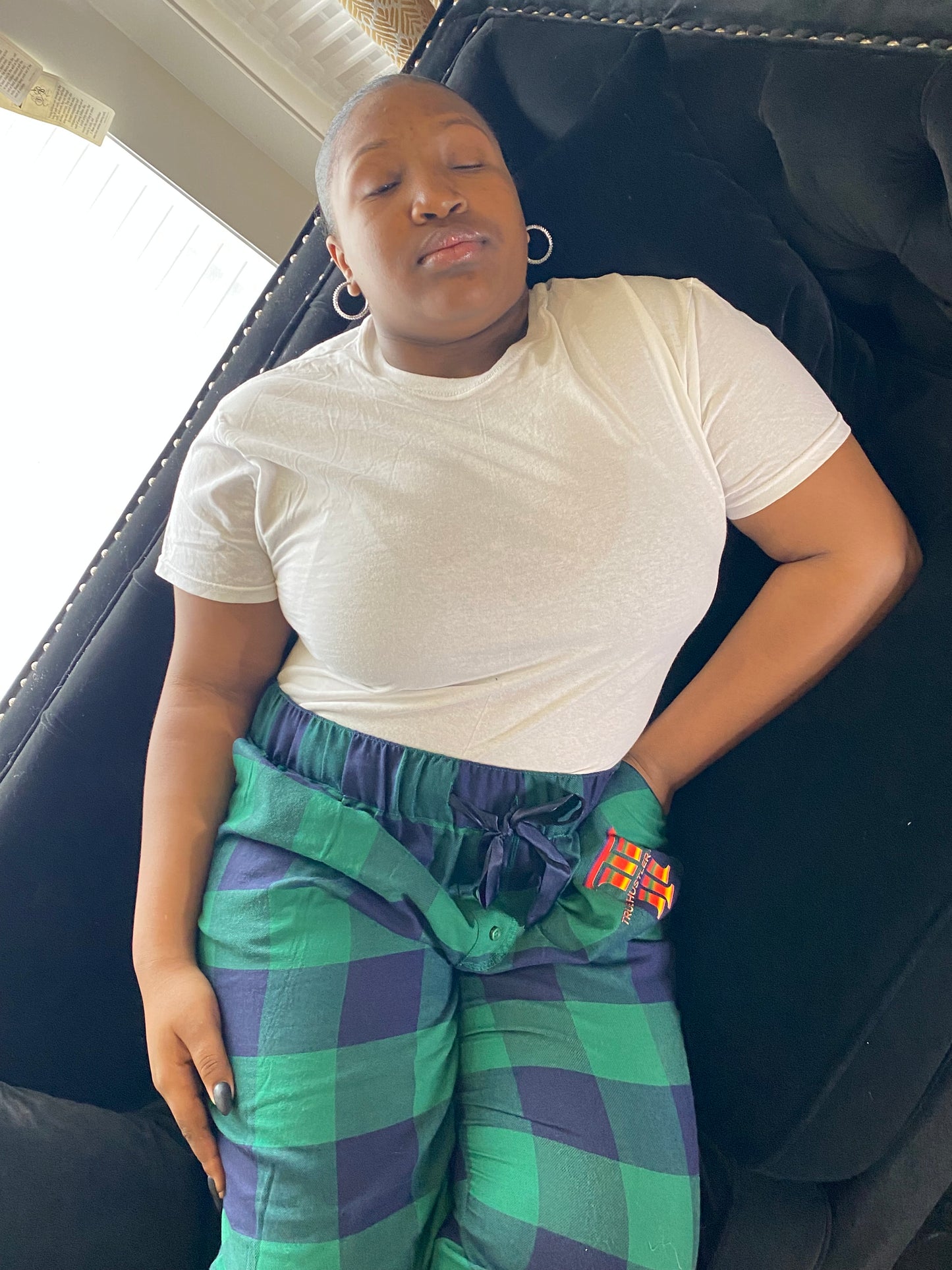 Women's XXL Blue and Green Checkered Luxury Pajama Pants with Rainbow Logo | Premium Quality