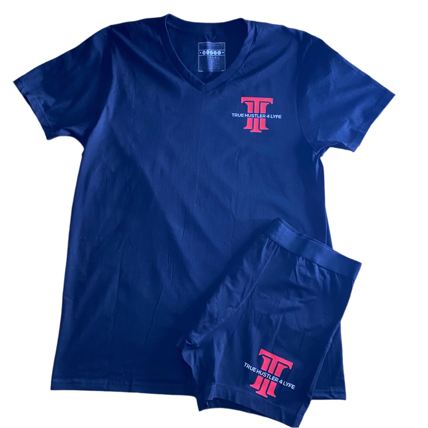 "Elevate Your Style: Men's Black Boxer Briefs and Black V Neck T-Shirt Set with Red Logo"