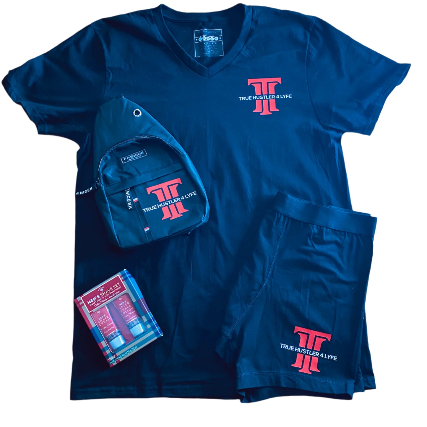 "Elevate Your Style: Men's Black Boxer Briefs and Black V Neck T-Shirt Set with Red Logo"