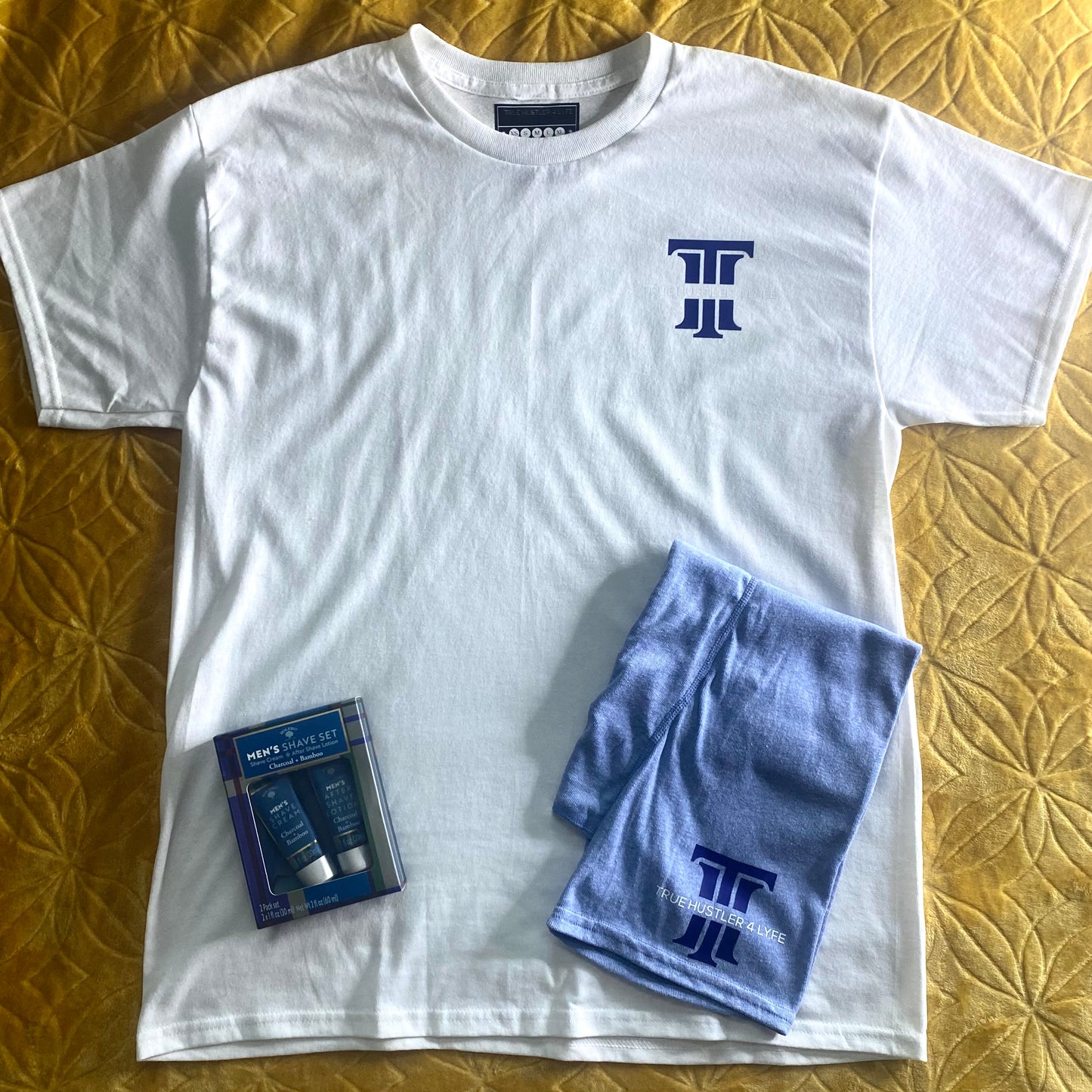"Elevate Your Style: Men's Light Blue Boxer Briefs and White Crew T-Shirt Set with Blue Logo"