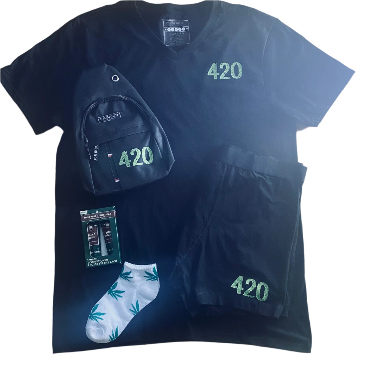 "Elevate Your Style: Men's Black Boxer Briefs and Black V Neck T-Shirt Set with Green 420 Logo"