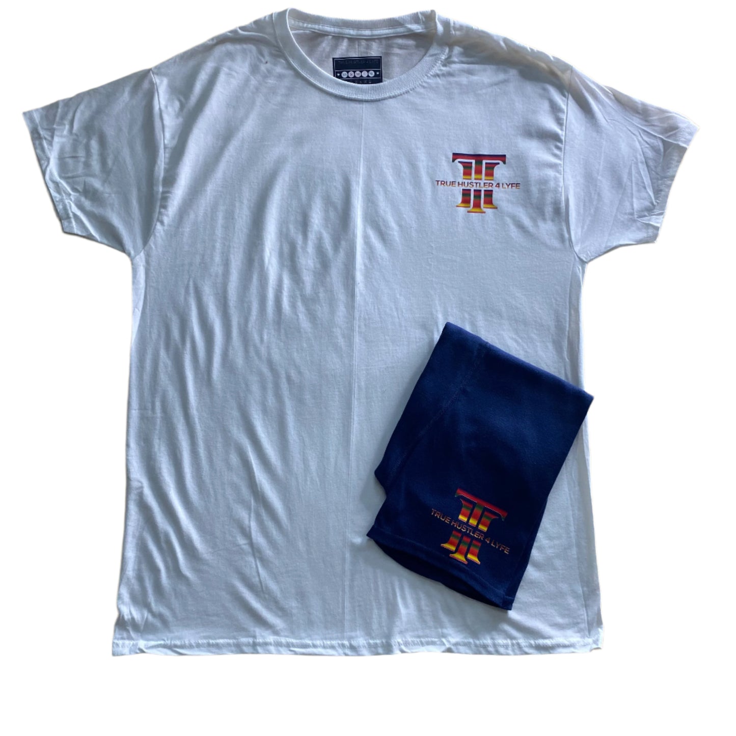 "Elevate Your Style: Men's Dark Blue Boxer Briefs and White Crewneck T-Shirt Set with Rainbow Logo"