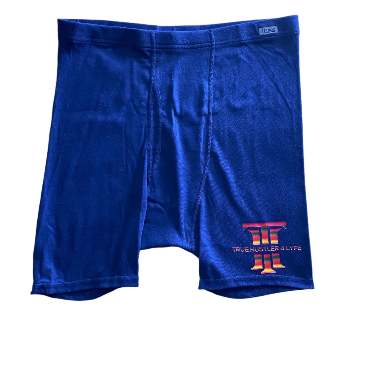 "Elevate Your Style: Men's Dark Blue Boxer Briefs and White Crewneck T-Shirt Set with Rainbow Logo"