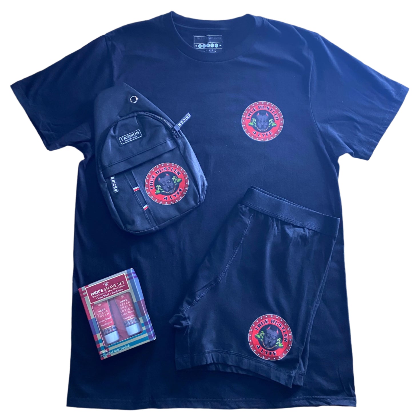 "Elevate Your Style: Men's Black Boxer Briefs and Black Crewneck T-Shirt Set with Red Logo"
