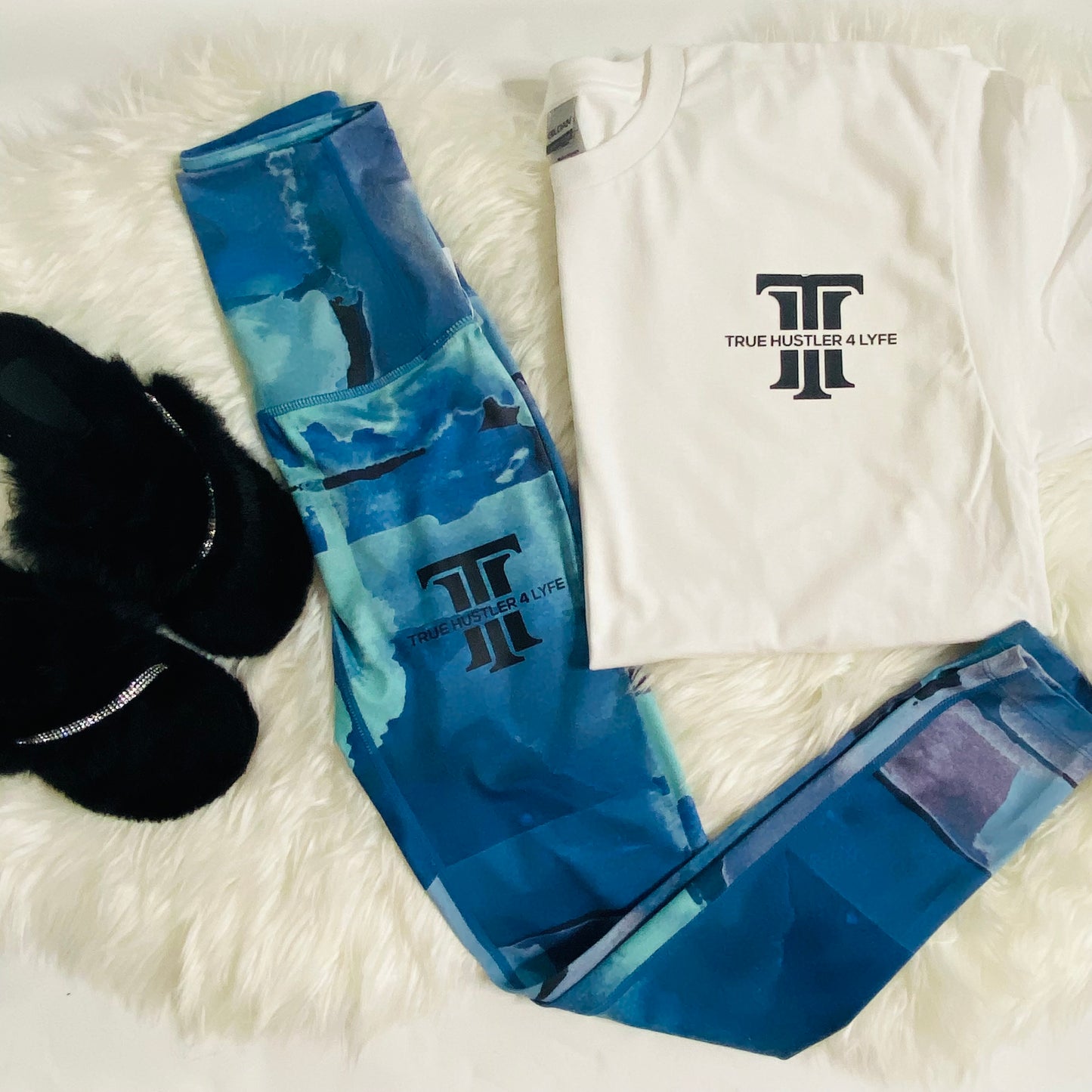 True Hustler 4 Lyfe Blue Marble Leggings - High Waist, Moisture-Wicking, High Support
