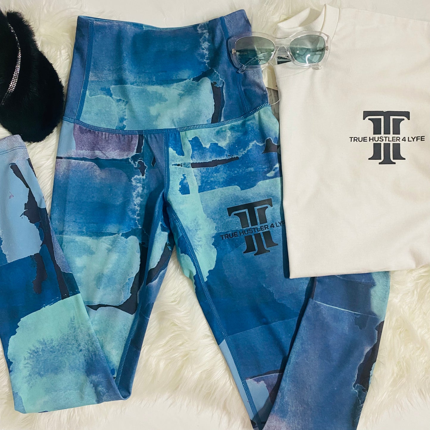True Hustler 4 Lyfe Blue Marble Leggings - High Waist, Moisture-Wicking, High Support