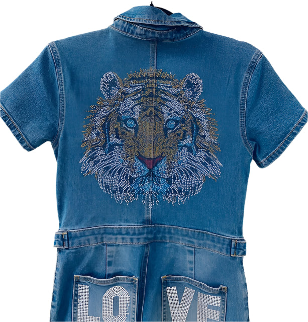 "LOVE Yourself" Limited Edition Jean Romper β Size Medium | Handcrafted by Mrs. Sparkle Vault