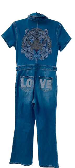 "LOVE Yourself" Limited Edition Jean Romper β Size Medium | Handcrafted by Mrs. Sparkle Vault