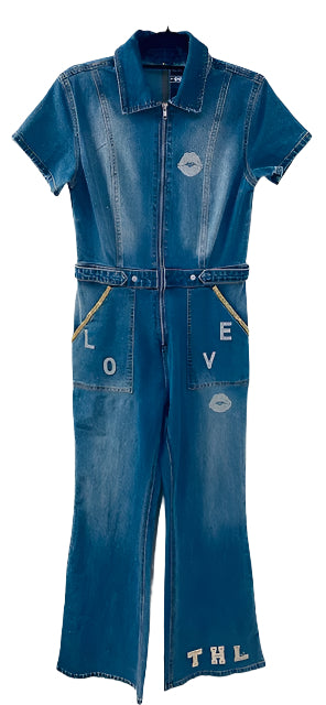 "LOVE Yourself" Limited Edition Jean Romper β Size Medium | Handcrafted by Mrs. Sparkle Vault
