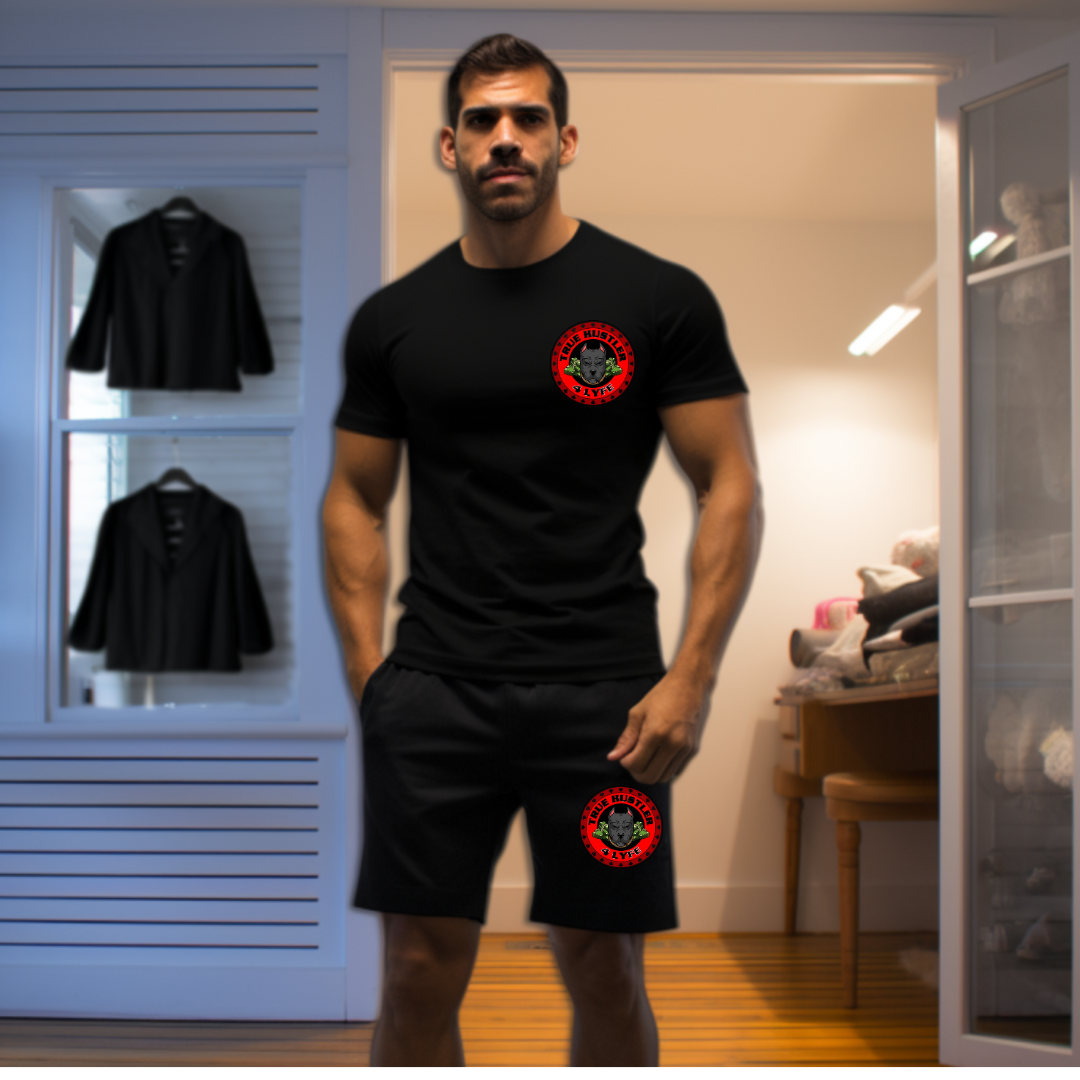 "Elevate Your Style: Men's Black Boxer Briefs and Black Crewneck T-Shirt Set with Red Logo"