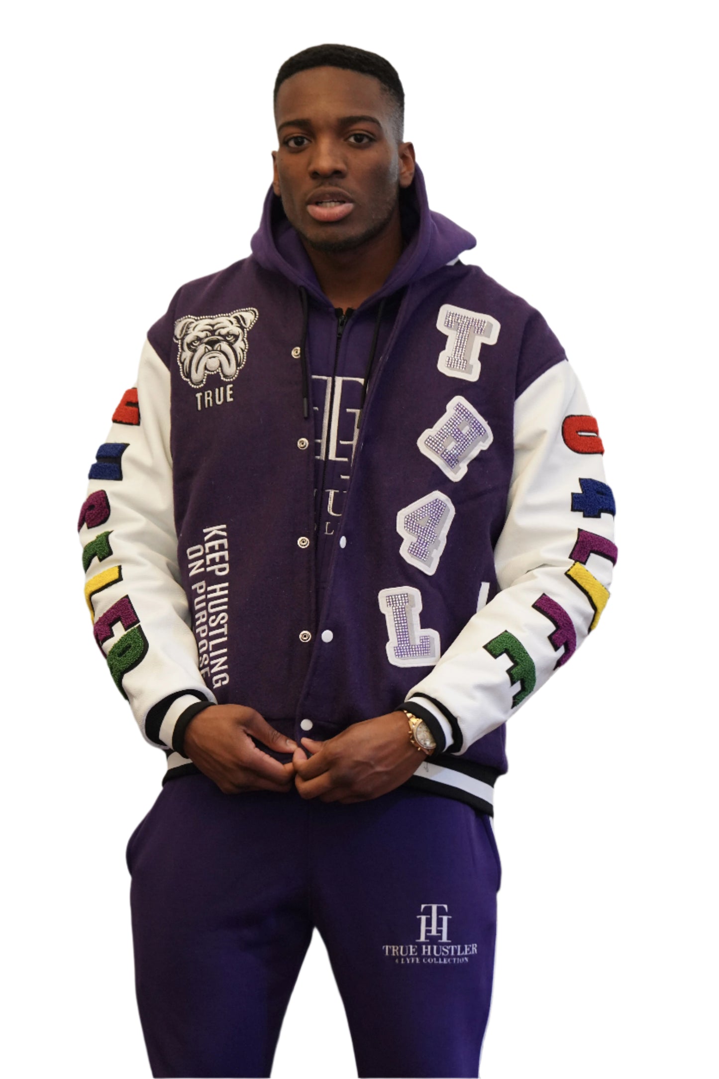 PRE-ORDER ONLY :TH4L "True Hustler 4 Lyfe" Varsity Jacket – Elite Edition (Purple)