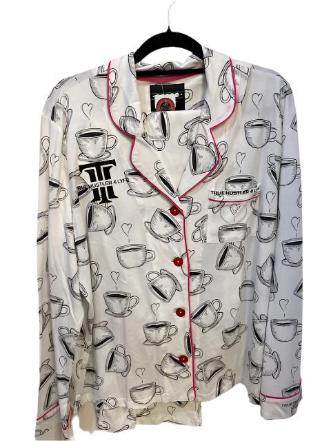 Caffeine Dreams Luxury 2-Piece Pajama Set – White with Coffee Mug Accents & Black Logo