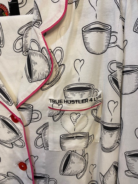 Caffeine Dreams Luxury 2-Piece Pajama Set – White with Coffee Mug Accents & Black Logo