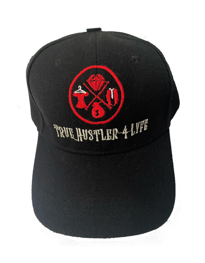 The Hustler Adult Flex Fit 6 Panel Hat with Red and Gold Logo on Black