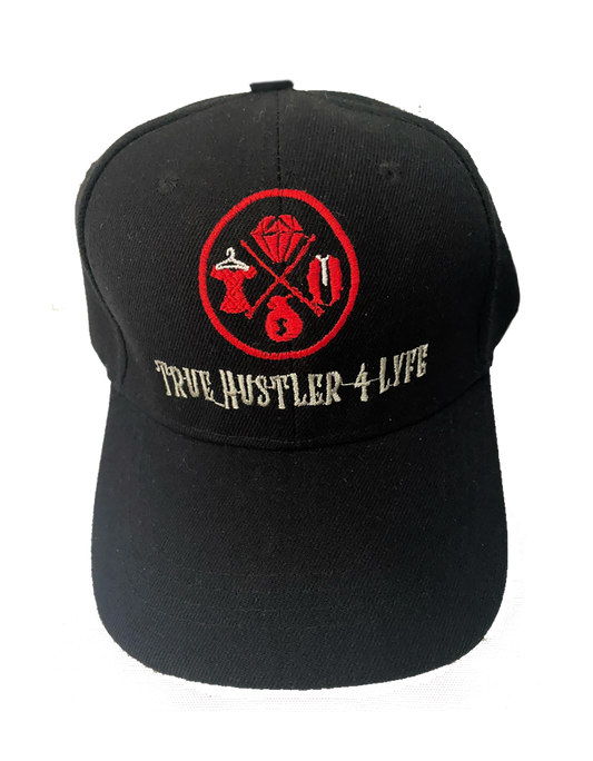 The Hustler Adult Flex Fit 6 Panel Hat with Red and Gold Logo on Black