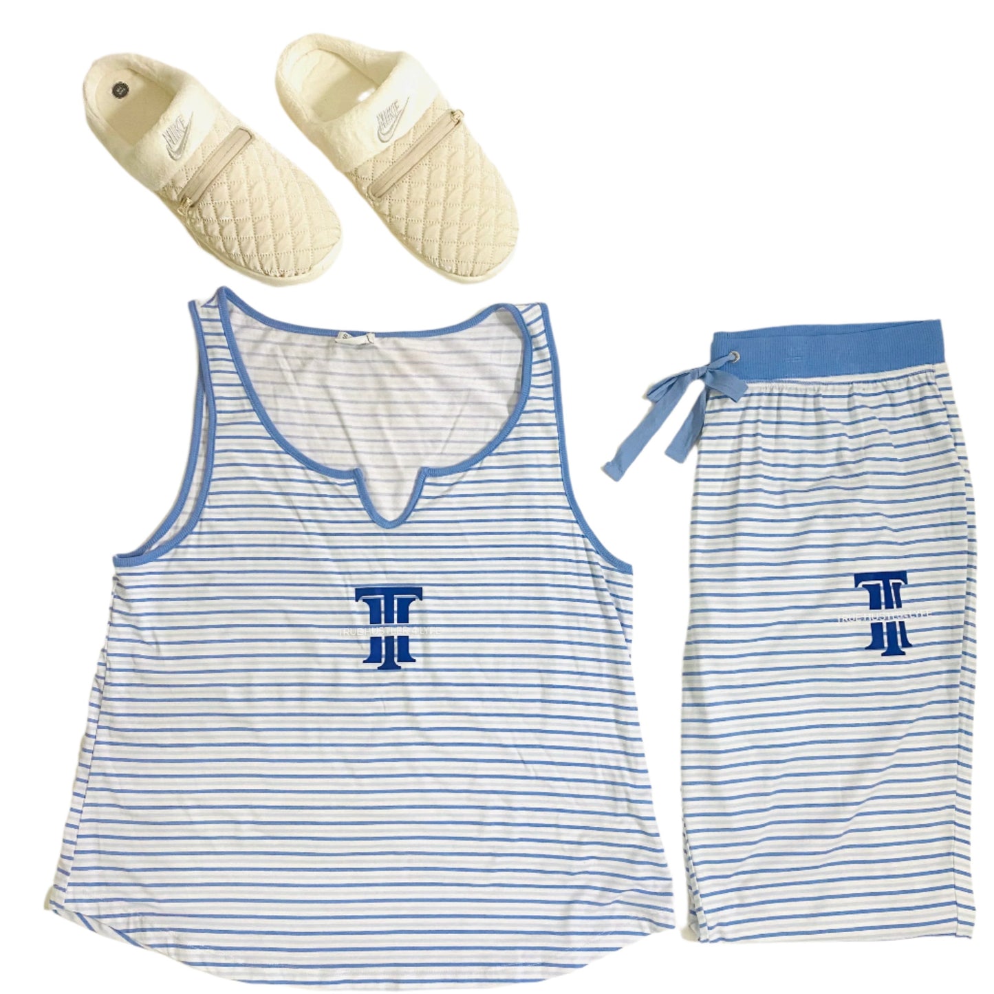 White and Blue Pin Stripe Tank & Pants PJ Set - Comfortable and Stylish Sleepwear