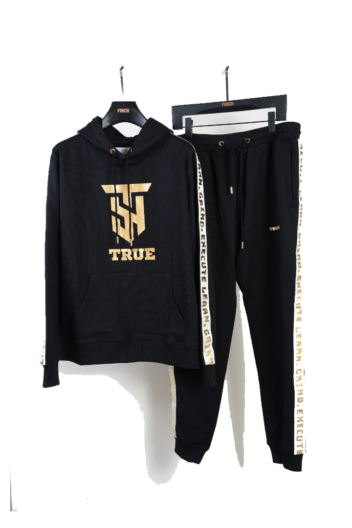 True Hustler 4 Lyfe "LGE" Collection Black & Gold 2 Piece Luxury Jogging Suits (Unisex)