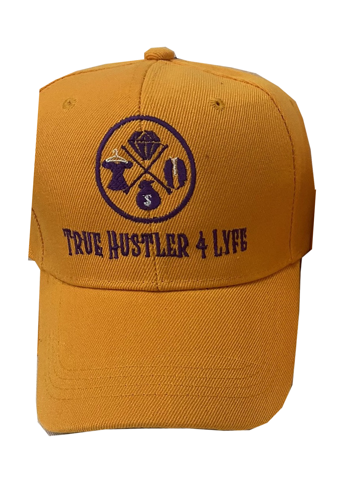True Hustler 4 Lyfe Gold and Purple Backstrap Baseball Hat (Original)