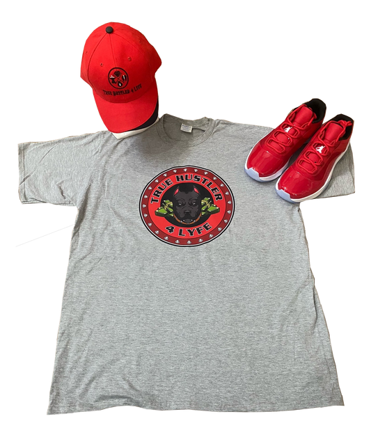 Grey Luxury Tee with Red Grind Logo - Soft and Comfortable Short Sleeve T-Shirt for Men and Women