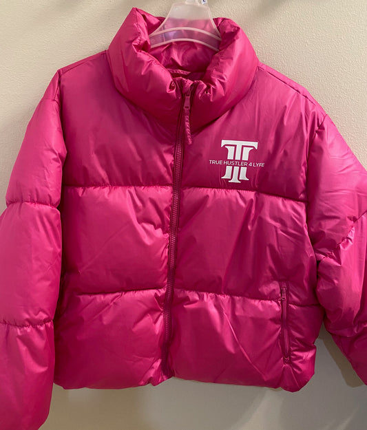 "True Hustler 4 Lyfe: Elite Cropped Puffer Jacket for Women"-Hot Pink