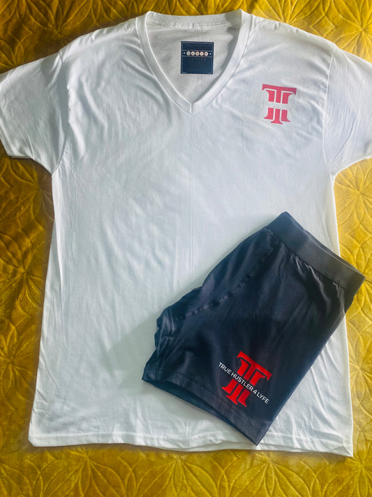 Elevate Your Style: Men's Dark Grey Boxer Briefs and White V Neck T-Shirt Set with Red Logo