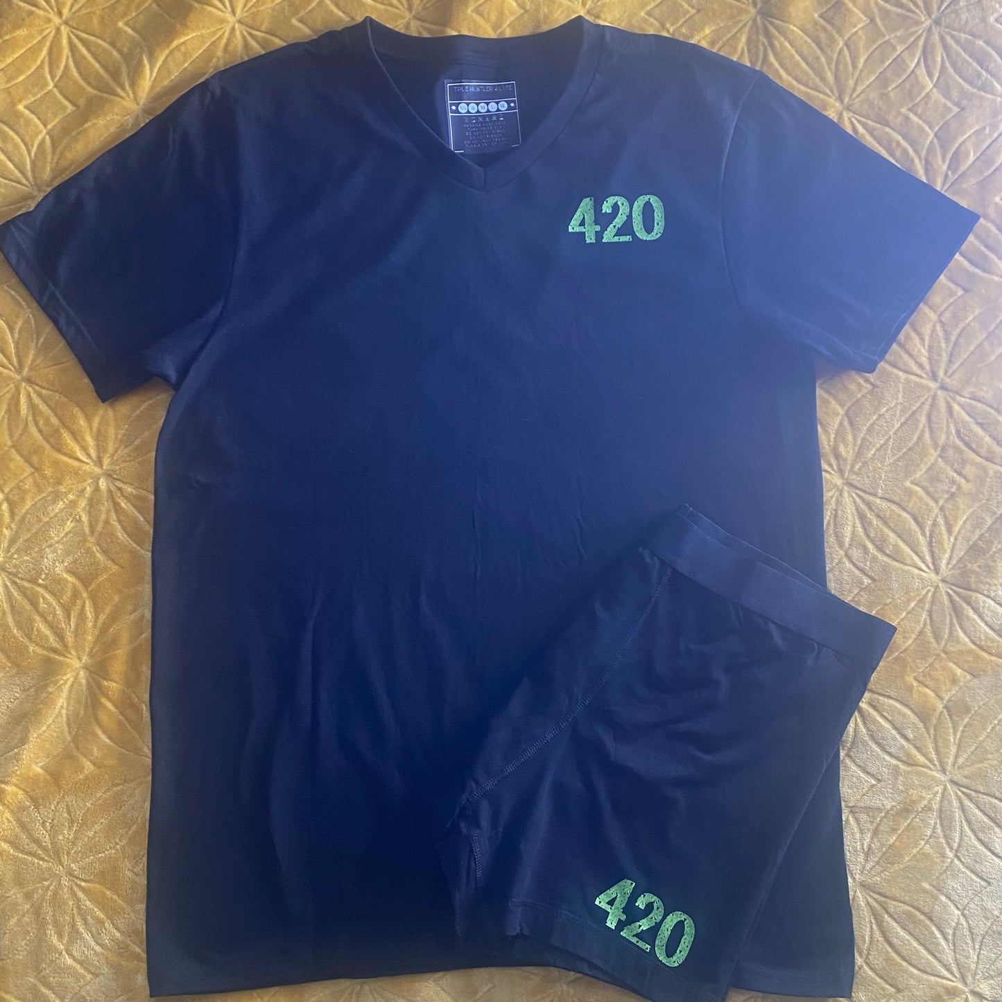 Elevate Your Style: Men's Black Boxer Briefs and Black V Neck T-Shirt Set with Green 420 Logo