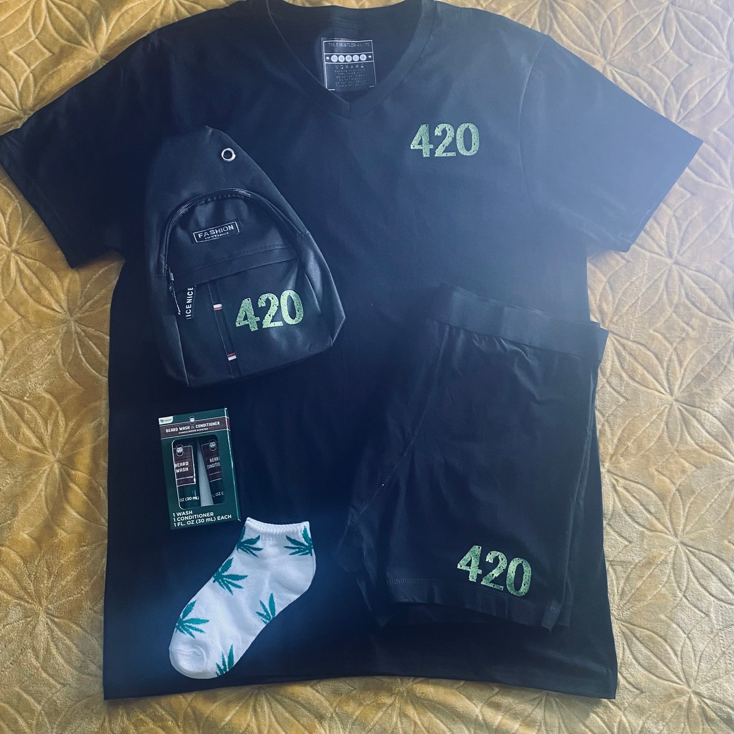 Elevate Your Style: Men's Black Boxer Briefs and Black V Neck T-Shirt Set with Green 420 Logo