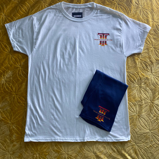 Elevate Your Style: Men's Dark Blue Boxer Briefs and White Crewneck  T-Shirt Set with Rainbow Logo