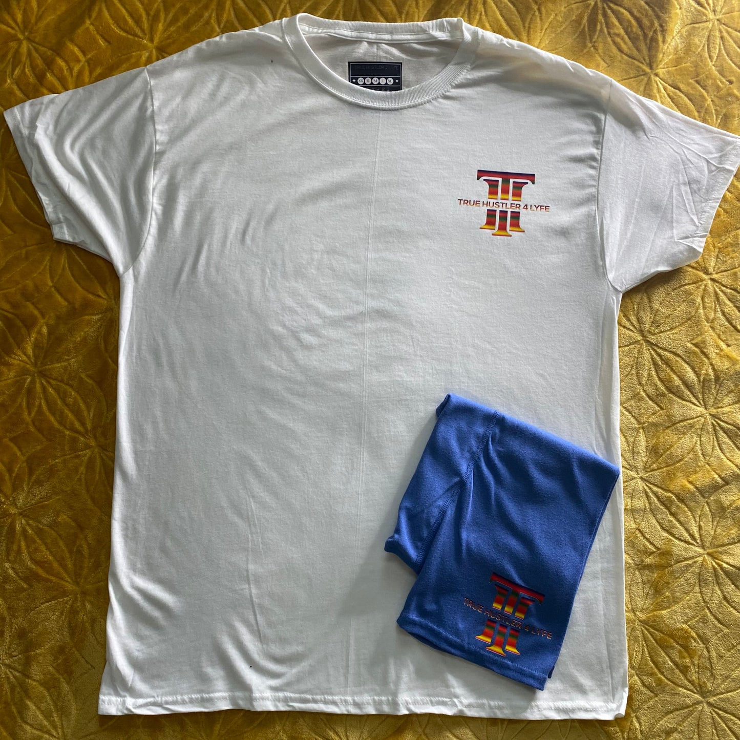 Elevate Your Style: Men's Light Blue Boxer Briefs and White Crewneck  T-Shirt Set with Rainbow Logo