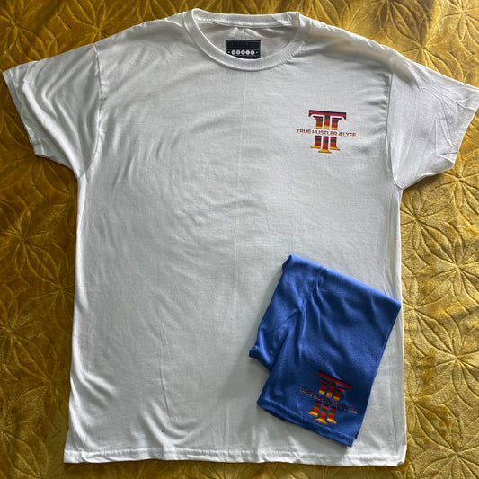 "Elevate Your Style: Men's Light Blue Boxer Briefs and White Crewneck  T-Shirt Set with Rainbow Logo"