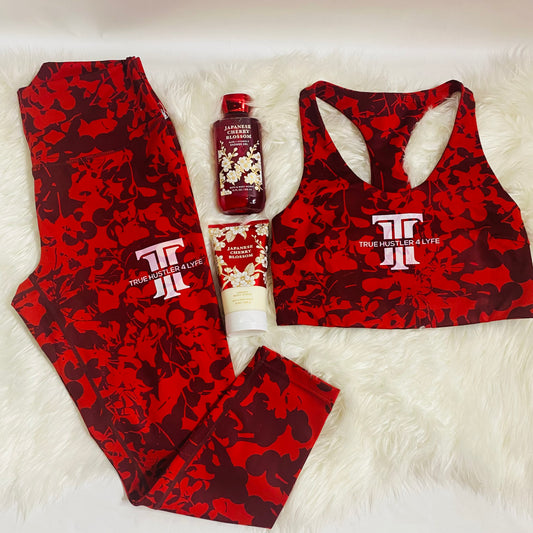 True Hustler 4 Lyfe Activewear Leggings - High-Waist, Yoga-Ready, Moisture-Wicking, Red Print