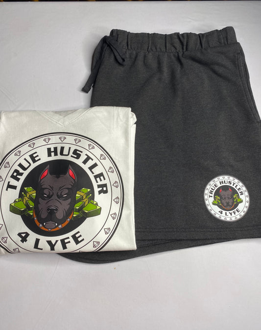 True Hustler 4 Lyfe 2 Piece Short Set - Black Fleece Shorts & White Cotton V-Neck Shirt