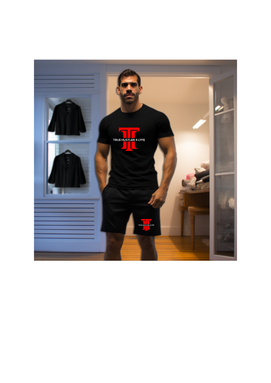 Elevate Your Style: Men's Black Boxer Briefs and Black V Neck T-Shirt Set with Red Logo
