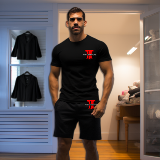 Elevate Your Style: Men's Black Boxer Briefs and Black V Neck T-Shirt Set with Red Logo