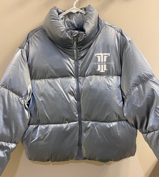 "True Hustler 4 Lyfe: Elite Cropped Puffer Jacket for Women"-Pearl Blue